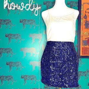 NWOT H&M Brand Dark Blue Sequin Festive Lined Mini Skirt Size 6